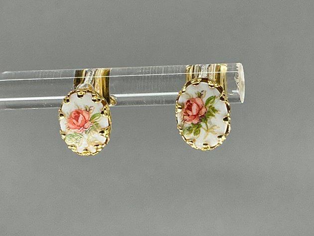 14K Hand Painted Rose Earrings