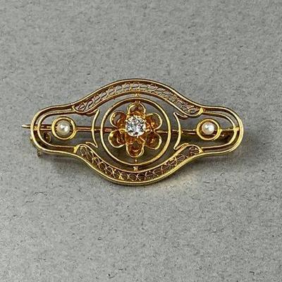 14K, Diamond, Seed Pearl Brooch
