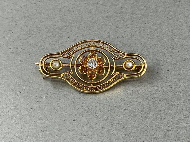 14K, Diamond, Seed Pearl Brooch
