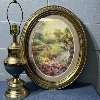 Vintage Print And Brass Lamp