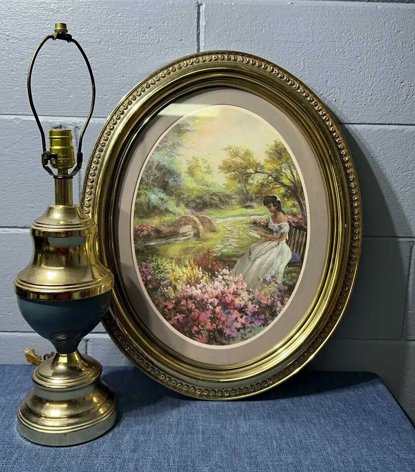 Vintage Print And Brass Lamp