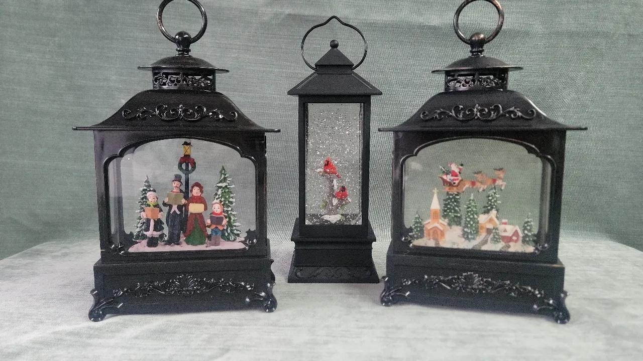 Set Of 3 Light-Up Black Lantern  Snow Globes