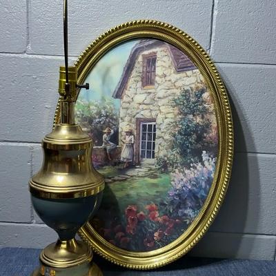 Brass And Enamel Table Lamp With Vintage Print