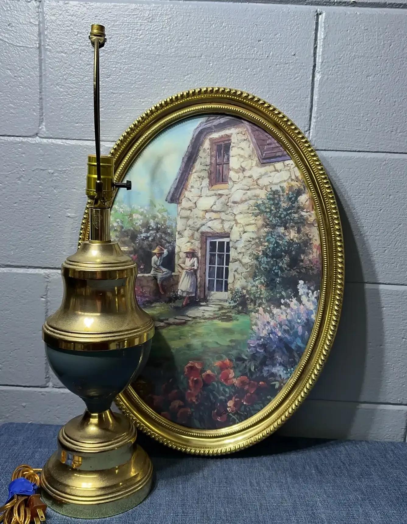 Brass And Enamel Table Lamp With Vintage Print