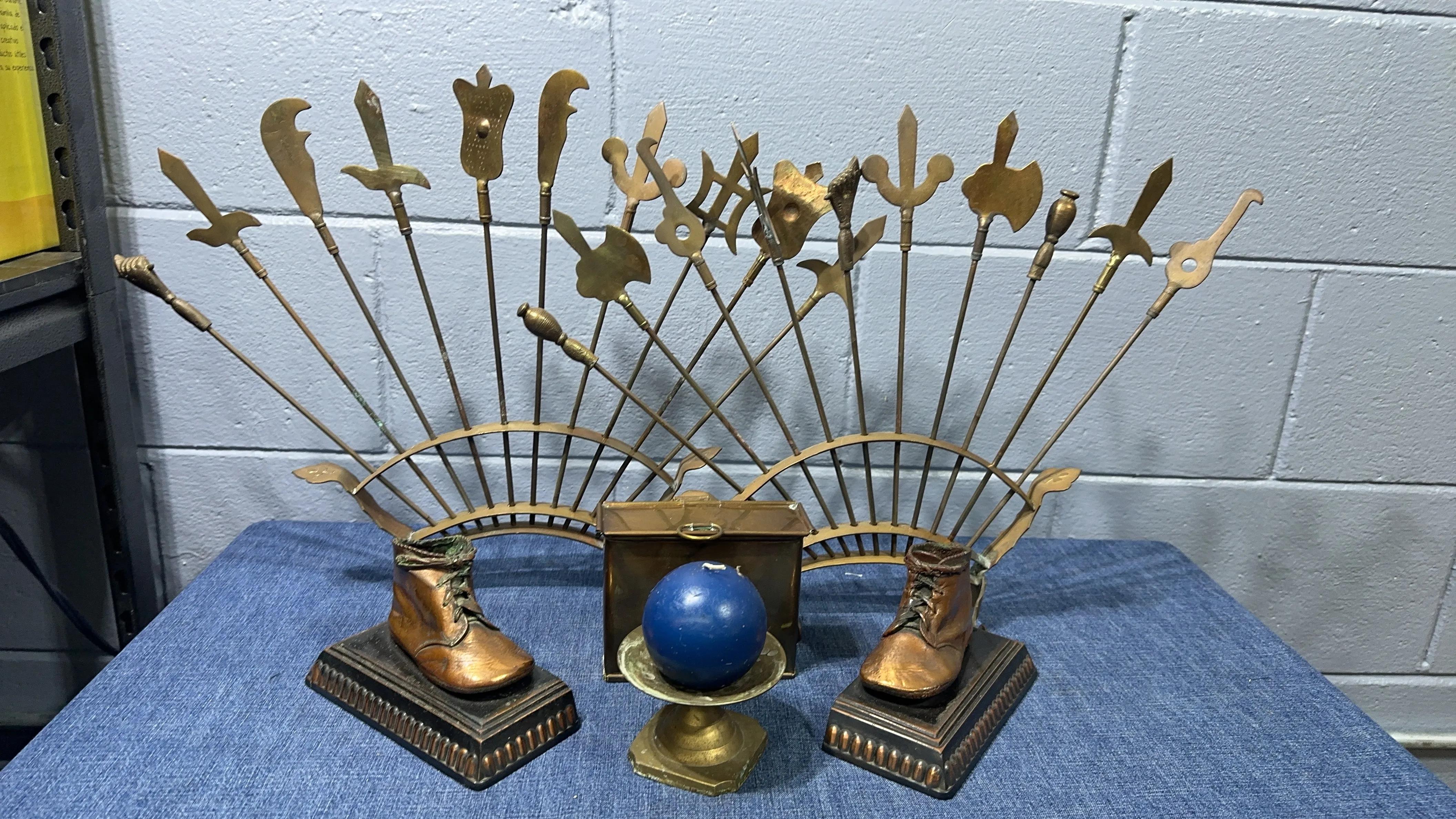 Vintage Set of Brass Weapon Skewers Shish Kabobs w/ Stand