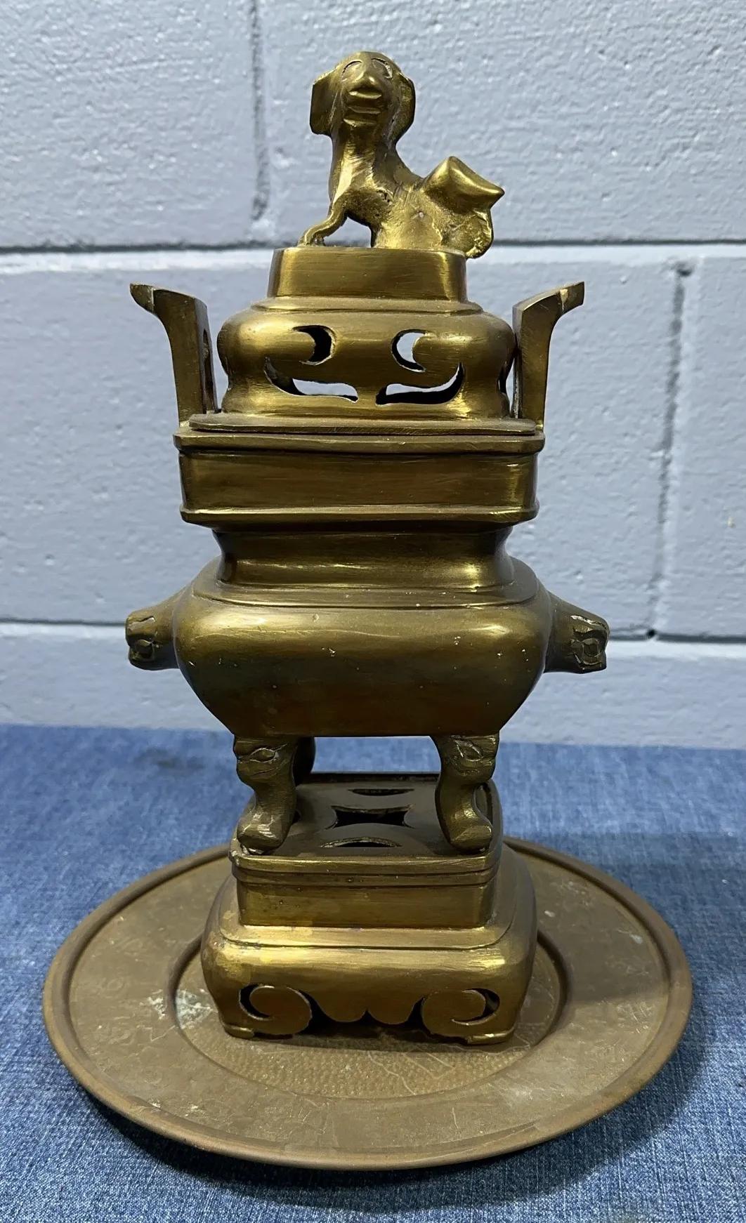 Antique Bronze Brass Chinese Covered Censer