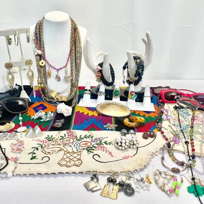 Costume Jewelry Collection with Sunglasses, Reading Glasses, Belt Buckle & Embroidered Linens