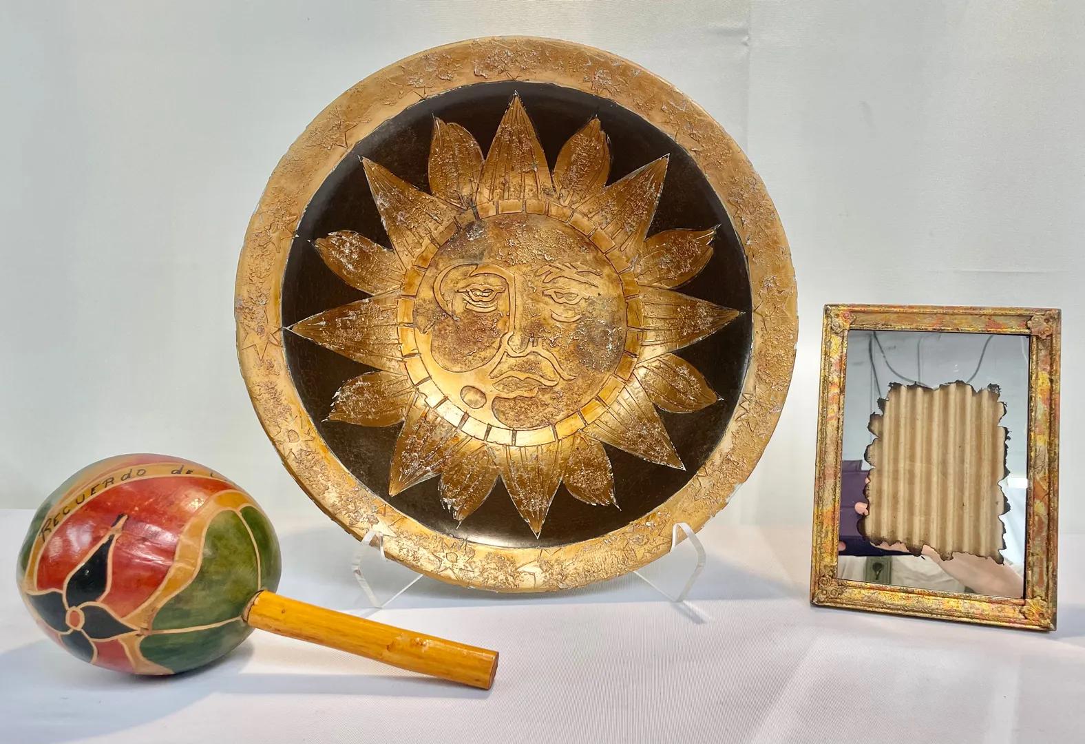 Folk Art & Vintage Décor Trio – Cartagena Rattle, Sun Bowl & Ornate Frame