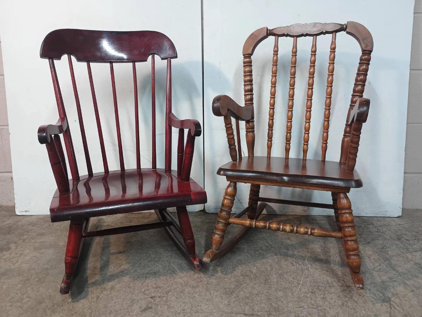 Pair of Vintage Children’s Wooden Rocking Chairs – Windsor & Spindle-Back Styles
