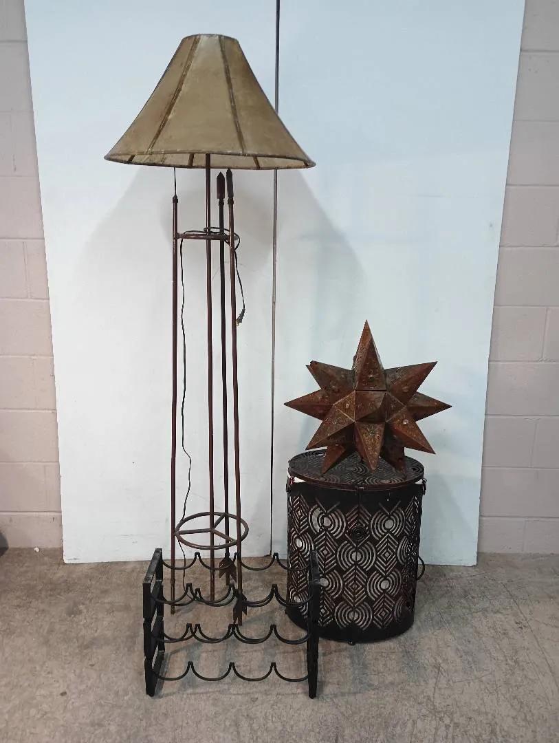 Southwestern Iron Décor Collection – Floor Lamp, Cut-Metal Basket, Moravian Star & Wine Rack
