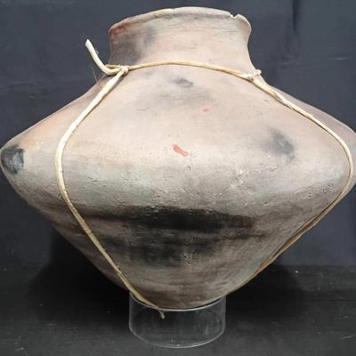 Large Hand-Coiled Clay Pot with Hide Cord Repairs