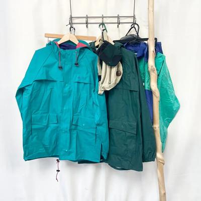 Vintage Rain gear Sets, Carved Wood Walking Pole And Backpacks