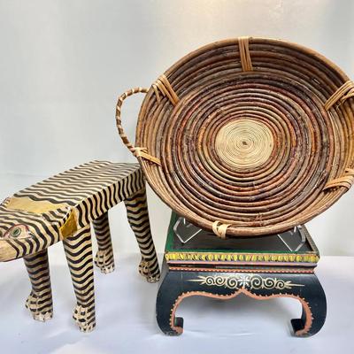Folk Art & Rattan Décor Lot – Hand-Painted Wooden Tiger, Table, and Basket