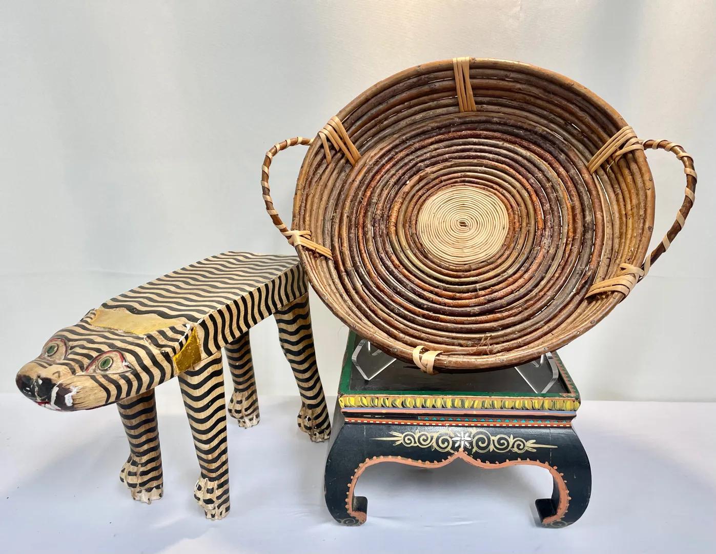 Folk Art & Rattan Décor Lot – Hand-Painted Wooden Tiger, Table, and Basket