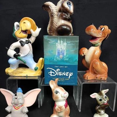 “The Art of Disney: The Golden Age” Postcard Box Set W/ Vintage Disney Ceramic Figurines