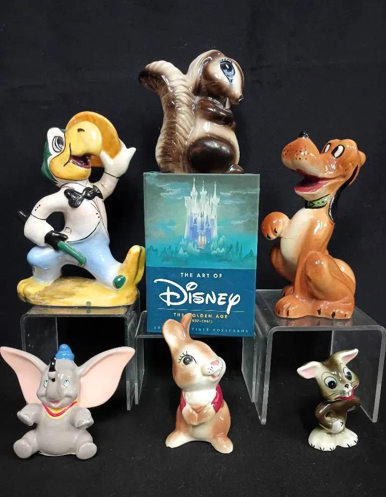 “The Art of Disney: The Golden Age” Postcard Box Set W/ Vintage Disney Ceramic Figurines
