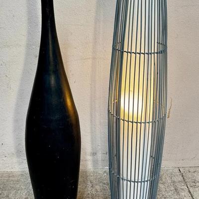 Rattan Uplight Floor Lamp & Barro Negro Vase  