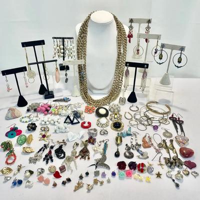 Large Jewelry Bundle Of Various Earrings Pairs & Singles, and Long Chain Necklace 