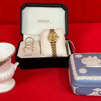 Wedgwood & Gruen Mixed Lot – Jasperware Trinket Box, Bone China Vase, and Gold-Tone Watch