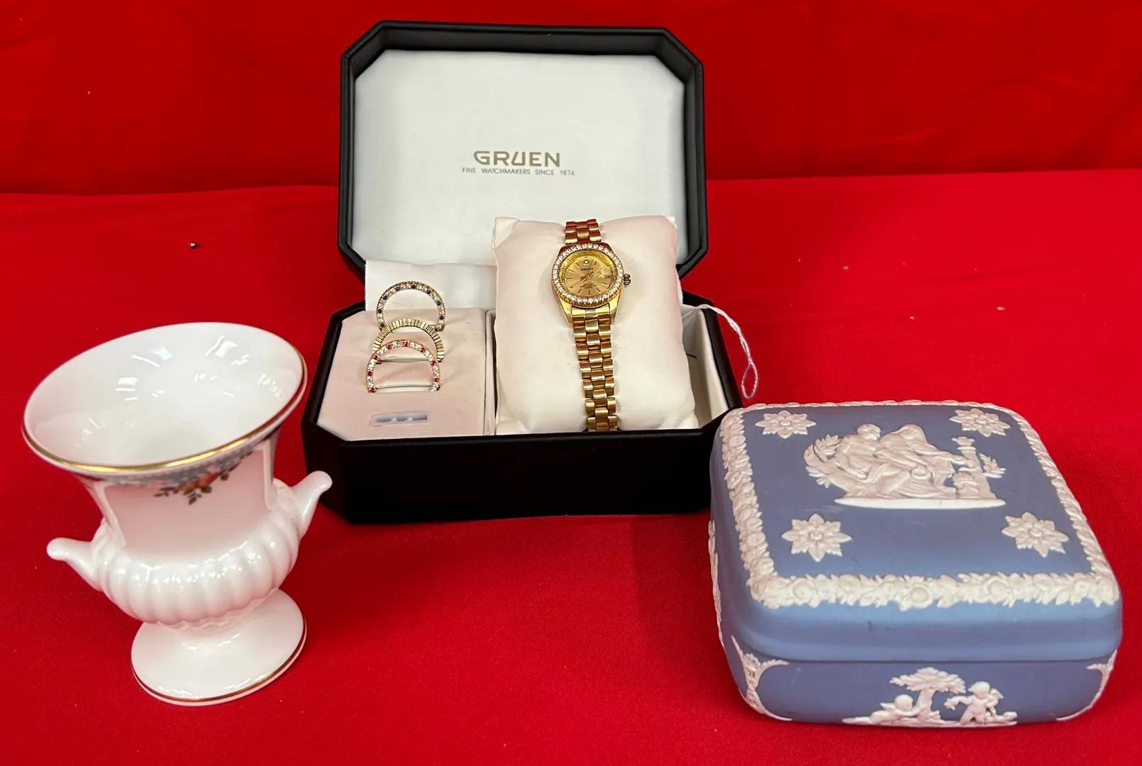 Wedgwood & Gruen Mixed Lot – Jasperware Trinket Box, Bone China Vase, and Gold-Tone Watch