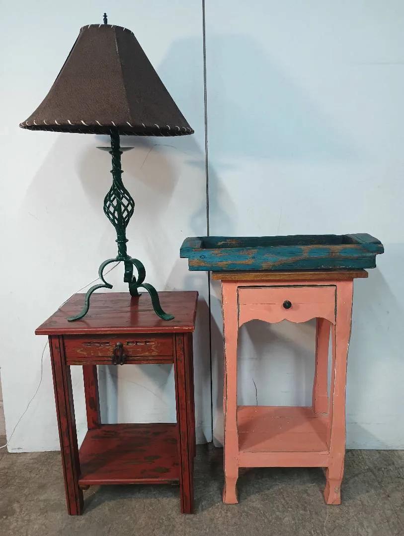 Distressed Painted Side Tables, Wrought Iron Lamp & Turquoise Wooden Tray\\n