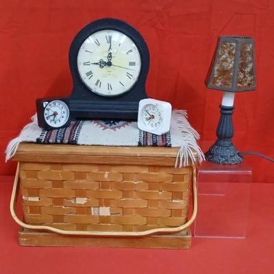 Eclectic Vintage Decor: Clocks, Sewing Basket, Lamps and more