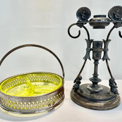 Victorian Silver Plate Candlestick & Uranium Glass Dish with Metal Caddy