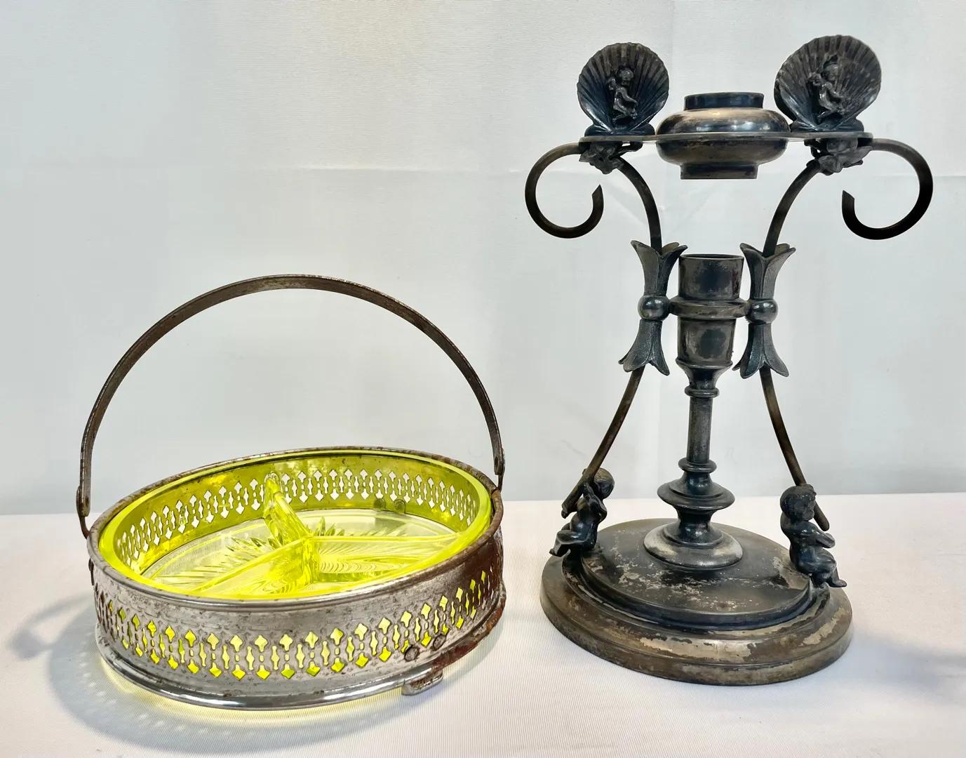 Victorian Silver Plate Candlestick & Uranium Glass Dish with Metal Caddy