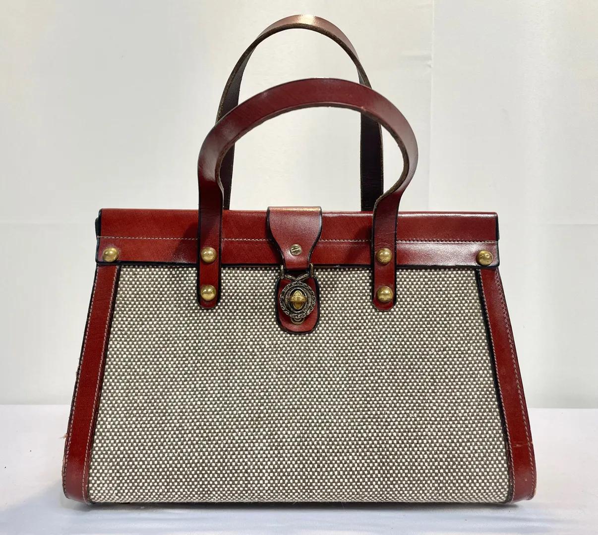 Vintage John Romain Tweed & Leather Satchel Handbag