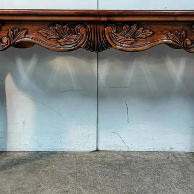 Hand-Carved Mahogany Console Table with Glass Inset Top
