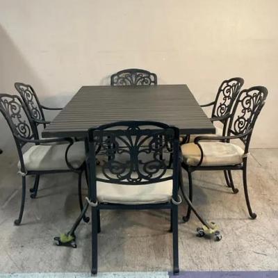Slatted Metal Patio Table W/ Cast Aluminum Chairs