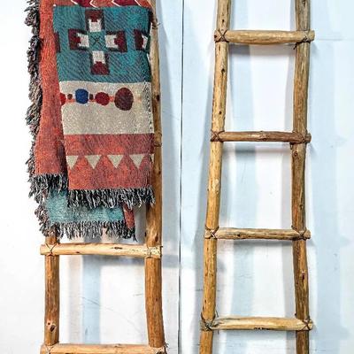 Pair of Rustic Southwestern-Style Blanket Ladders with Woven Tribal Throw Blanket