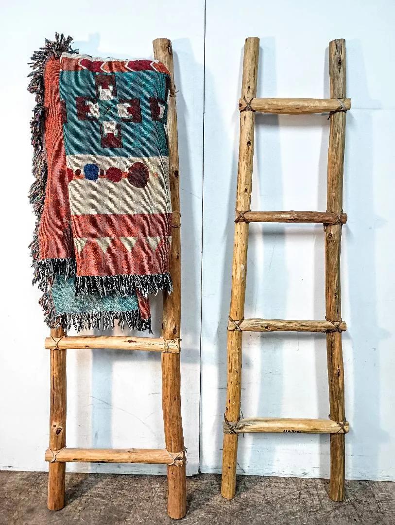 Pair of Rustic Southwestern-Style Blanket Ladders with Woven Tribal Throw Blanket