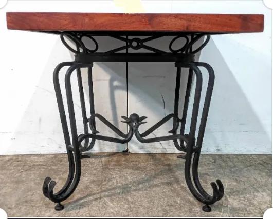 Handcrafted Iron & Hardwood Accent Table with Turquoise Inlay