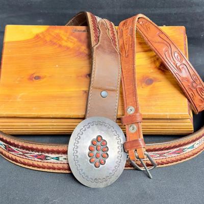 Cedar Wood Souvenir Box + Leather Belt w/Petit Point Buckle
