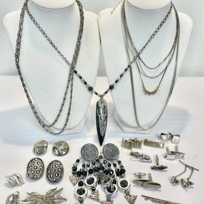 Silver Tone Necklaces, Clip On Earrings And Lapels 