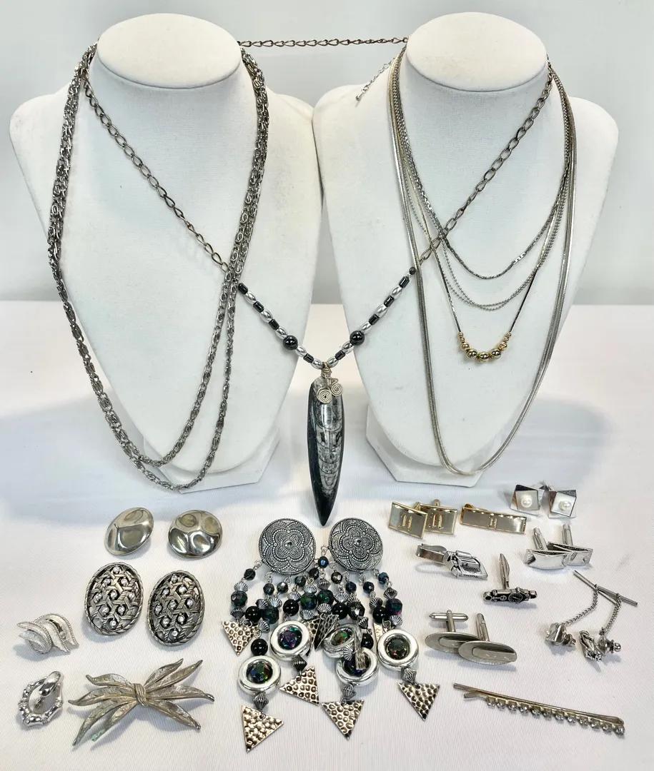 Silver Tone Necklaces, Clip On Earrings And Lapels 