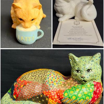 Lenox “Enchantment” Cat, Vintage Patch Work Cat, Murano Style Glass Cat + More Cat Figurines & Decor