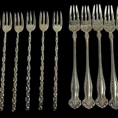 11-pcs Vintage Cocktail Forks–Sterling Twist-Handle (86g) & 1847 Rogers Bros Silverplate Forks