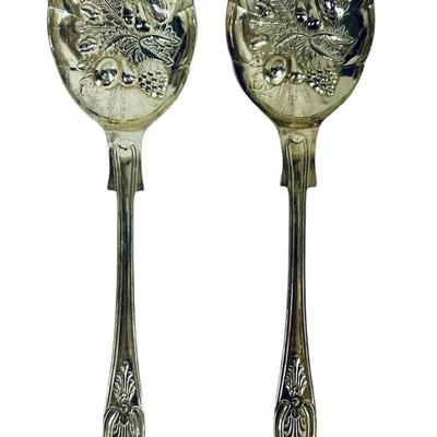 2-pc Set Vintage 9” Sheffield England Silver Plate Serving Spoons – Embossed Fruit & Floral Design