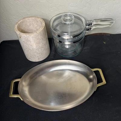 Pyrex Flamware Double Boiler, Vintage Copper Paul Revere Augratin Pan, And Marble Utensil Holder