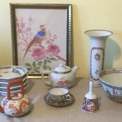 Asian Tableware and A Framed Print- Two Teapots, Signed Vase and More