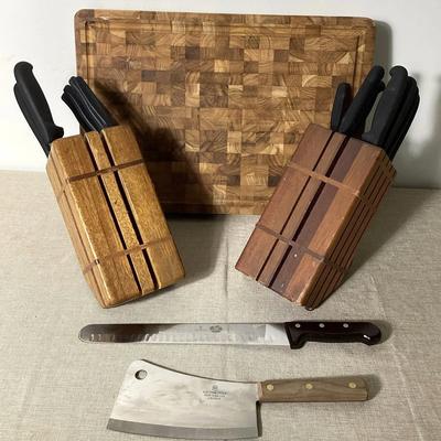 Butcher Block Cutting Board & Knife Block With Mics Knifes