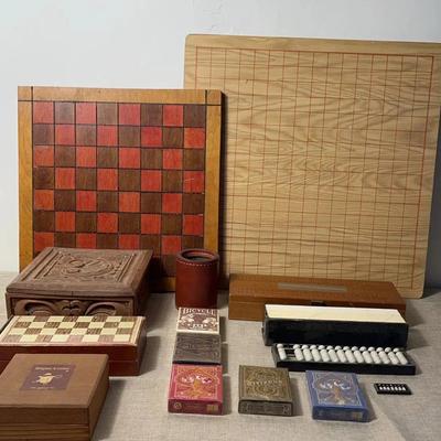 Various Vintage Games Of Carved Chess Pieces, Boards, Cards, Dice And More