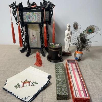 Chinese Wall Hanging, Tea Caddy, Ivory Figurine, Napkins, Bone Chopsticks And More