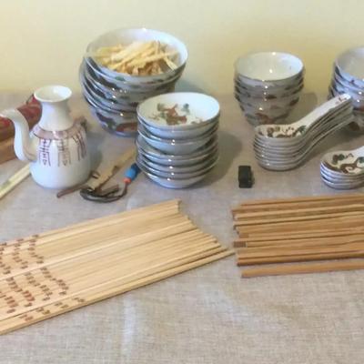 Asian Tableware - Porcelain Spoons, Small Bowls and Plates and a Collection of Chopsticks