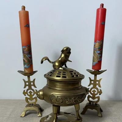 Vintage Brass Chinese Incense Burner And Dragon Themed Candles On Bronze Pedestal stands 