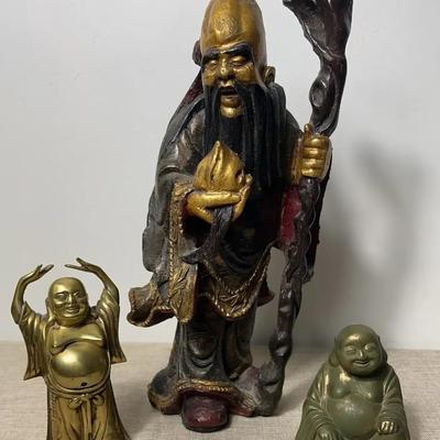 Carved Wood Statue Of Shoulao, Chinese God Of Longevity And Two Laughing Buddha’s 