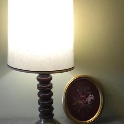 Vintage Table Lamp And Flower Needle Point