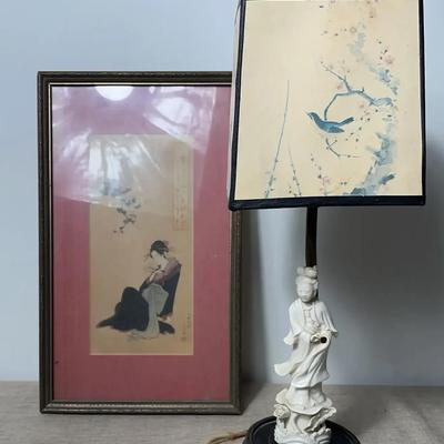Japanese Woodblock Print And A Chinese Blanc De Chine Porcelain Figure Lamp 